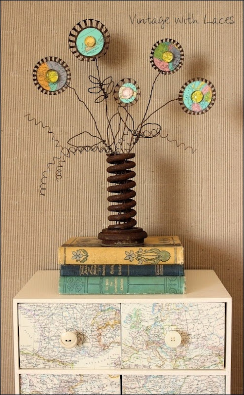 Rusty Map Flowers - An upcycled spring bouquet by Vintage with Laces