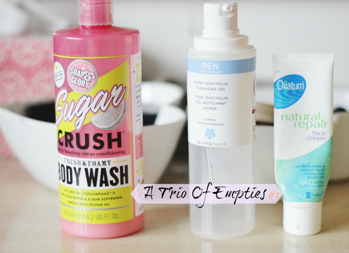A trio of empties soap and glory sugar crush body wash ren cleasinf gel oilatum natural repair face cream