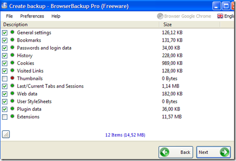 BrowserBackup Pro indicare i dati del browser da comprendere nel backup