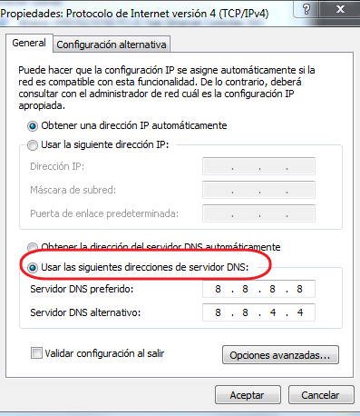 cambiar los servidores DNS