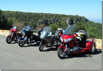 Glen's Harley, Dale's Victory, Joe's BMW and Dave's Goldwing trike.