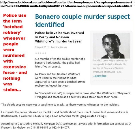 Whitmore Percy and Noeleen double murder suspect IDd as Sheheen Leen 40 Bonaero Park Kempton Aujgust 2011