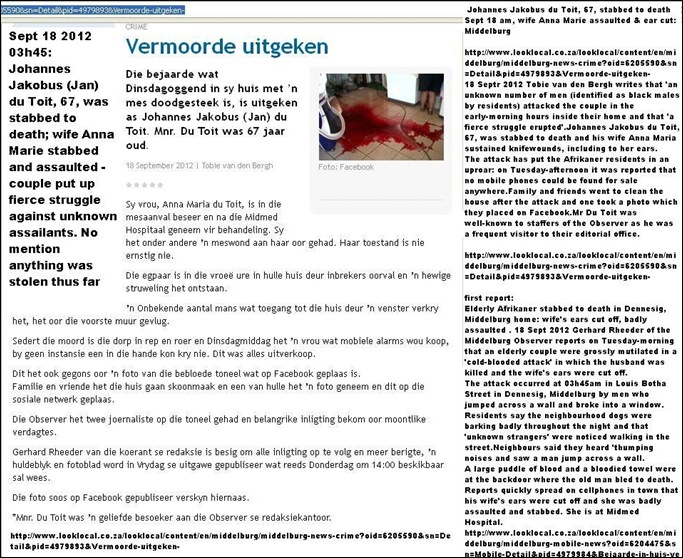 DU TOIT Johannes Jakobus 67 murdered Middelburg Sept18 wife Anna Maria ear cut off stabbed in fierce struggle with black attackers
