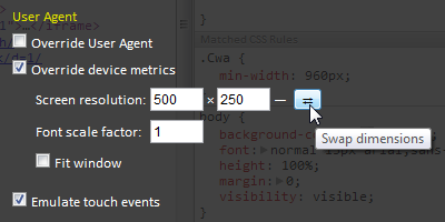 Google Chrome 20 emulate screen size and touch events in Web Inspector