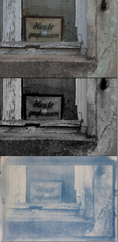 Schild Heute geschlossen Schild verwittertem Fenster (heute geschlossen) - Drei Bilder Farbe - Schwarzweiß - Cyanotypie (Blaudruck)