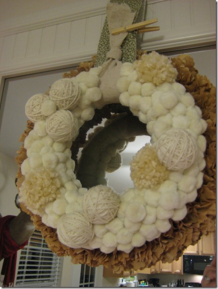 Winter wreath--white yarn and pom pom wreath