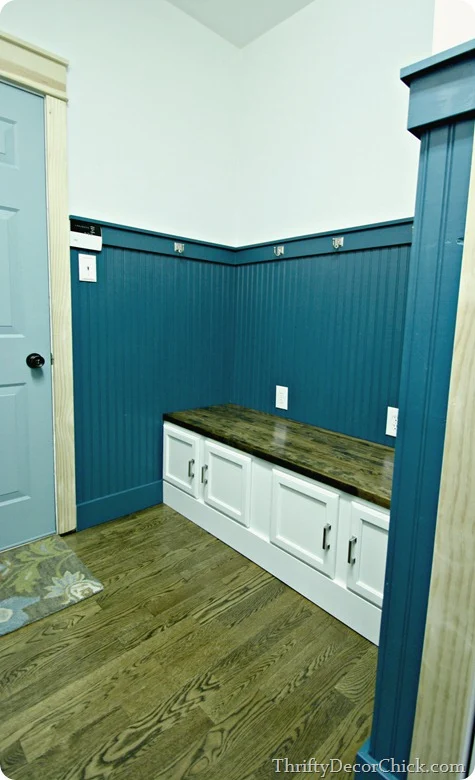 beadboard and built in bench in mud room