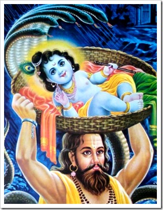 Vasudeva carrying Krishna to Vrindavana