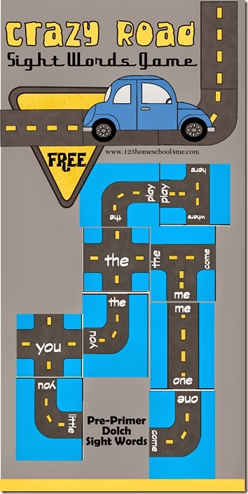 FREE Crazy Road Sight Words Game - This is a really FUN printable game to help kids from sight words Preschool, sight words Kindergarten, to sight words first Grade and beyond practice Pre Primer Dolch Words. LOVE this idea!! FREE Crazy Road Sight Words Game - This is a really FUN printable game to help kids from sight words Preschool, sight words Kindergarten, to sight words first Grade and beyond practice Pre Primer Dolch Words. LOVE this idea!!