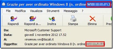 Numero ordine Windows 8 nella mail della Microsoft