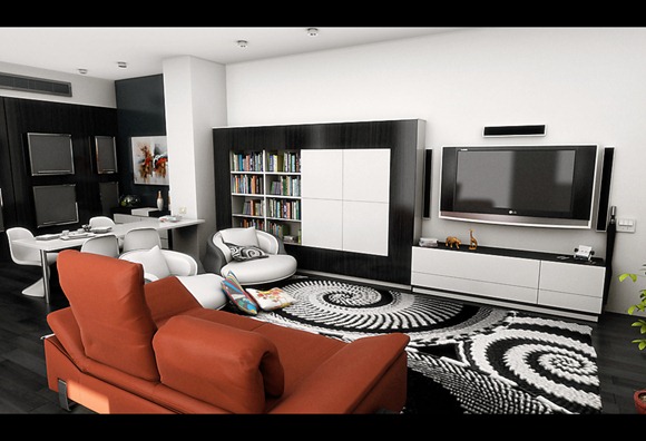 Moderno salón con sofá naranja
