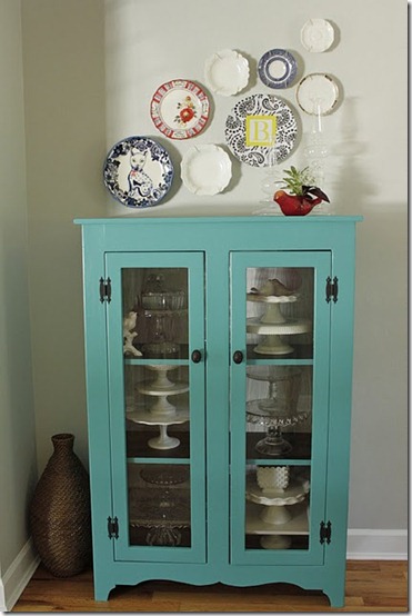 turquoise cabinet and plate wall from old new borrowed bleu