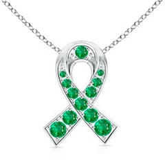 Round Emerald Ribbon of Hope Pendant in 14k White Gold