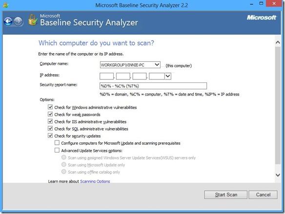 Microsoft Baseline Security Analyzer opzioni di scansione e avvio analisi