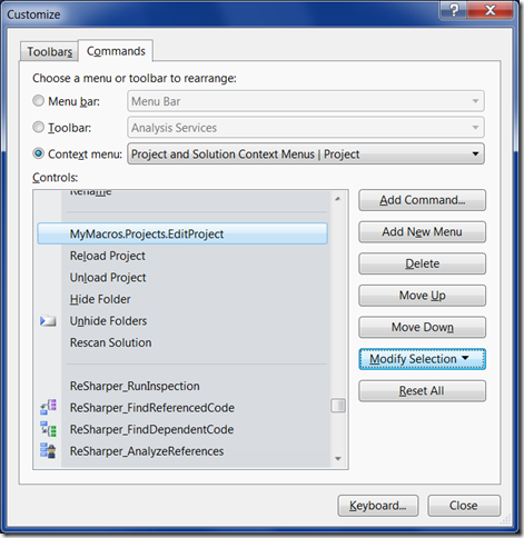 Visual Studio Customize dialog window