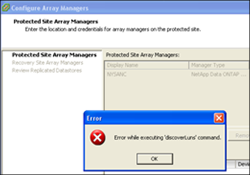 VMware Site Recovery Manager – Error while executing ‘DiscoverLuns’ command.