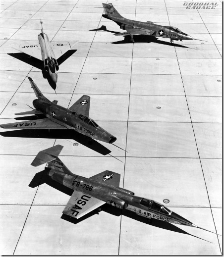 F-100A (S/N 53-1663), F-101 (S/N 53-2430), F-102 and F-104 (S/N 53-7786) on the ramp. (U.S. Air Force photo)