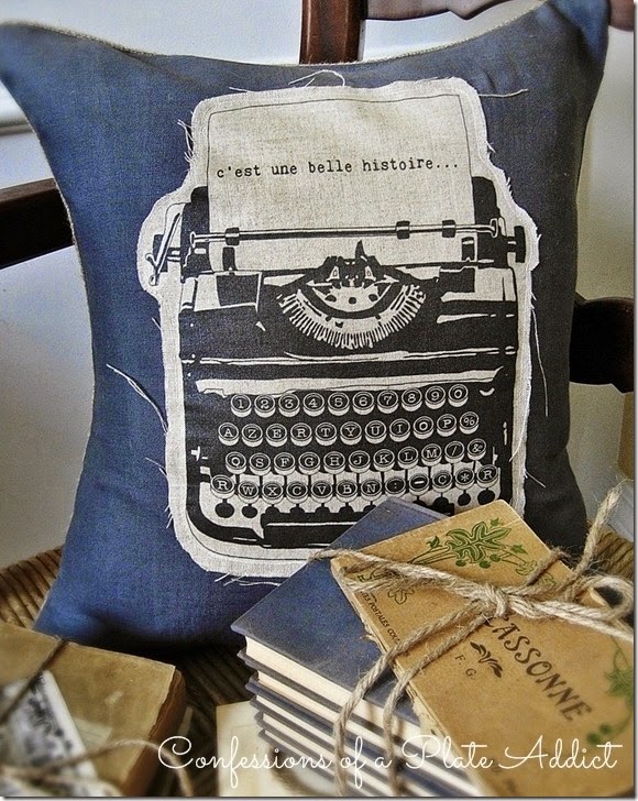 CONFESSIONS OF A PLATE ADDICT Linen and Burlap Vintage French Typewriter Pillow