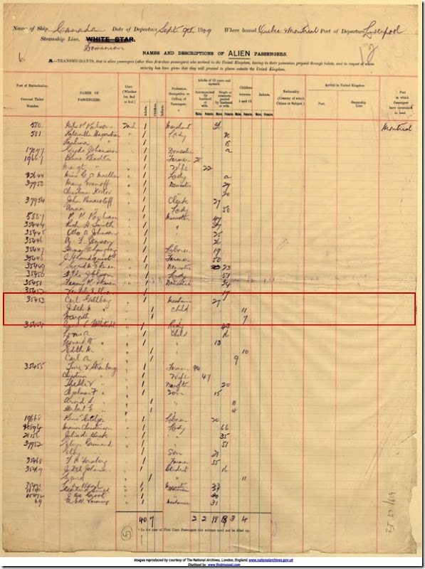 Gillberg, Carl Albert - UK Outward Passenger Lists 1890-1960