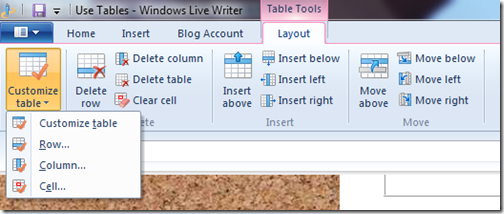 livewriter customize tables layout tab