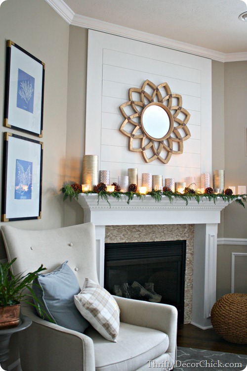 Christmas mantel with glass containers 