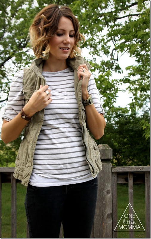 cargo vest, stripes, black denim- easy layers for early Fall