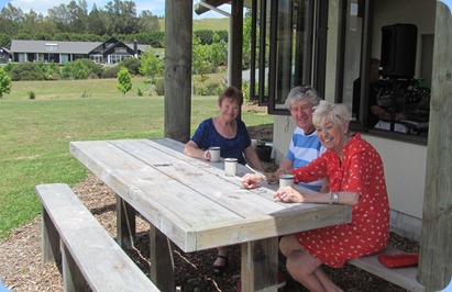 Diane Lyons, Ian Jackson and Maureen Jackson enjoying a coffee break in the glorious sunshine. Photo courtesy of Dave Winslade.