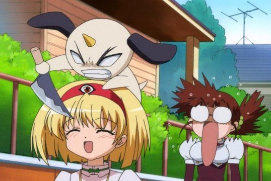 Punie walks to school as her mascot Paya-tan attempts to knife her in the face while riding on her head as Tetsuko shrieks in surprise behind her