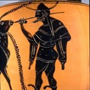 Lecito ático de figuras negras (550-500 a.C.) atribuido al Grupo de Leagros. Museo de la escuela de diseño de Rodas - Hermes mirando a Europa y el toro (detalle).