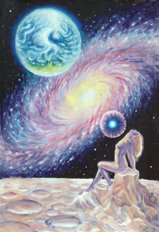 Eva cosmica si galaxia pictura tempera nud in decor cosmic