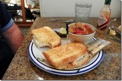 Don had grilled chicken with artichoke/spinach spread on sour dough with a bowl of cabbage soup/chili.