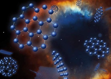 ilustração da nebulosa da Hélice e moléculas de carbono