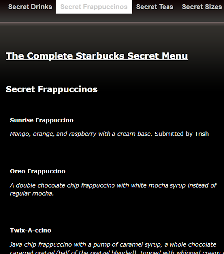 Complete Starbucks Secret Menu