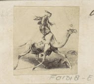 Fotoreproductie van (vermoedelijk) een prent van een man op een dromedaris