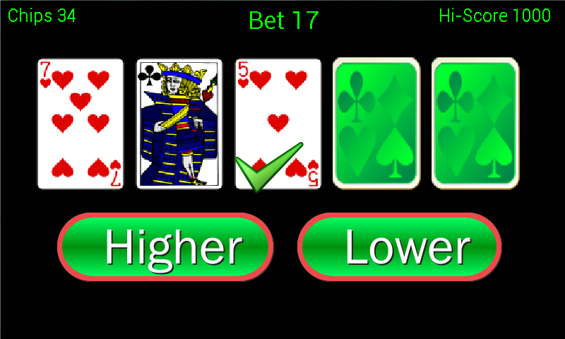 Higher or Lower Pro card game Screen 1