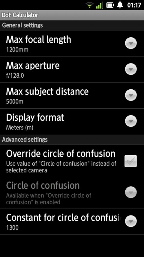 DoF Calculator Screen 3