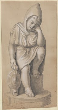 Zittend kind met olielamp, zijn ogen gesloten