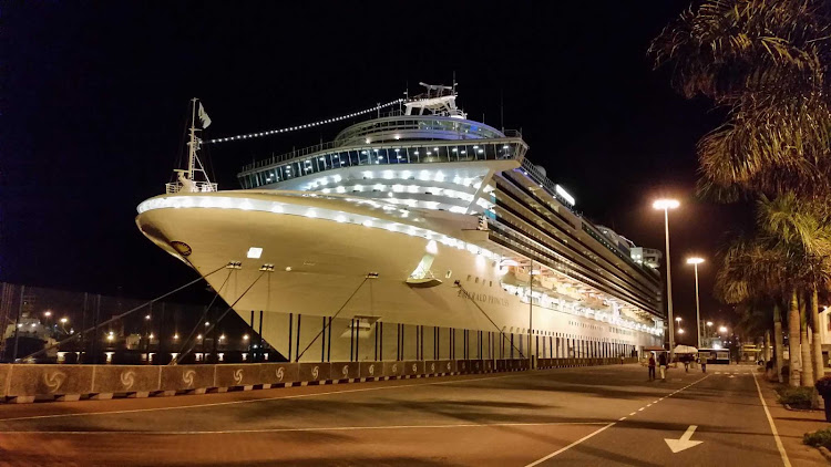 Emerald Princess at dockside, preparing for an evening sailaway in Gran Canaria in the Canary Islands.