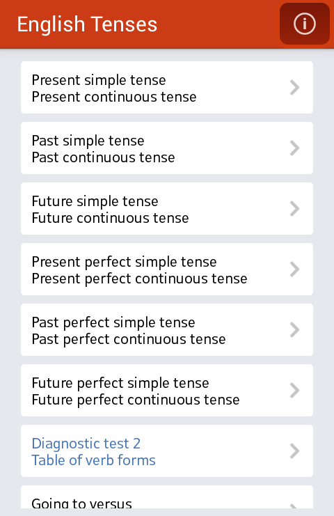 Android application Tenses: Simple + Continuous screenshort