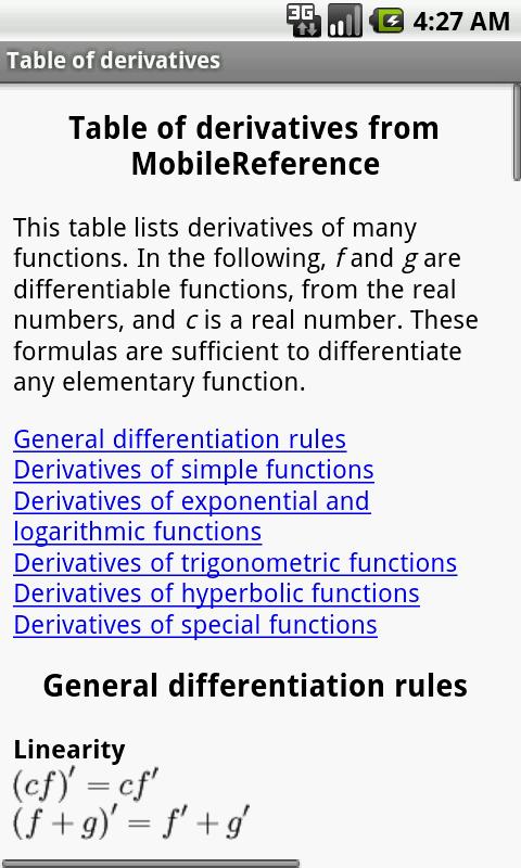 Android application Table of derivatives screenshort