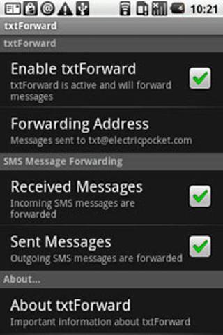 txtForward - SMS to Email Screen 1