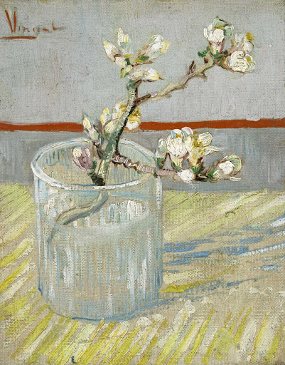 Sprig of flowering almond in a glass