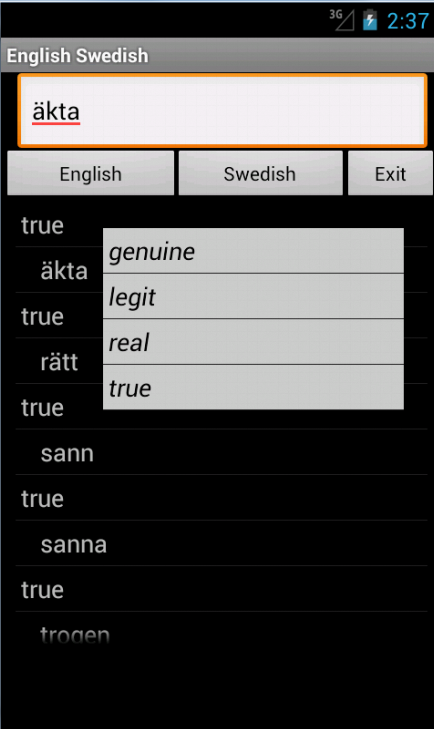 English Swedish Dictionary Screen 1
