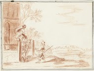 Twee heren en een jongen (page?) bij een landhuis