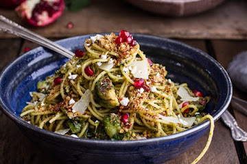 Manchego Brussels Sprout + Prosciutto Spaghetti w/Brown Butter Pistachio Pangrattato.