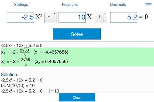 Android application Quadratic equations calculator screenshort