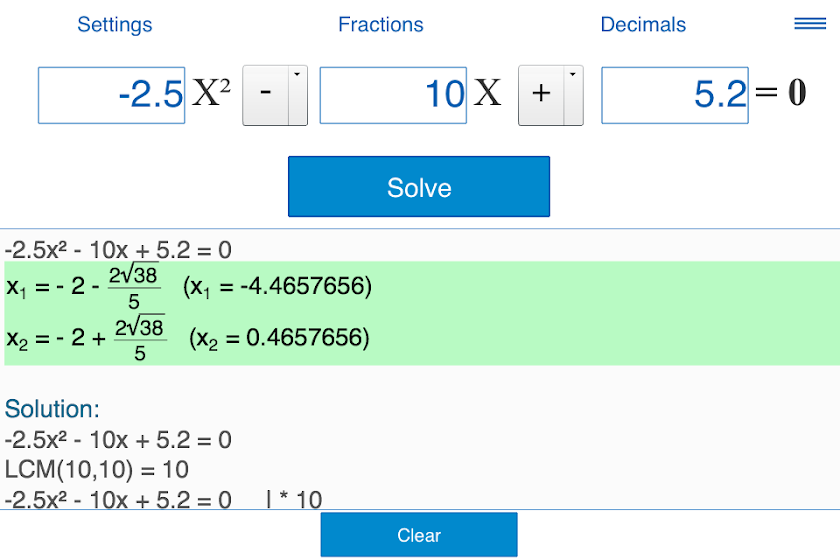 Quadratic equations calculator Screen 1