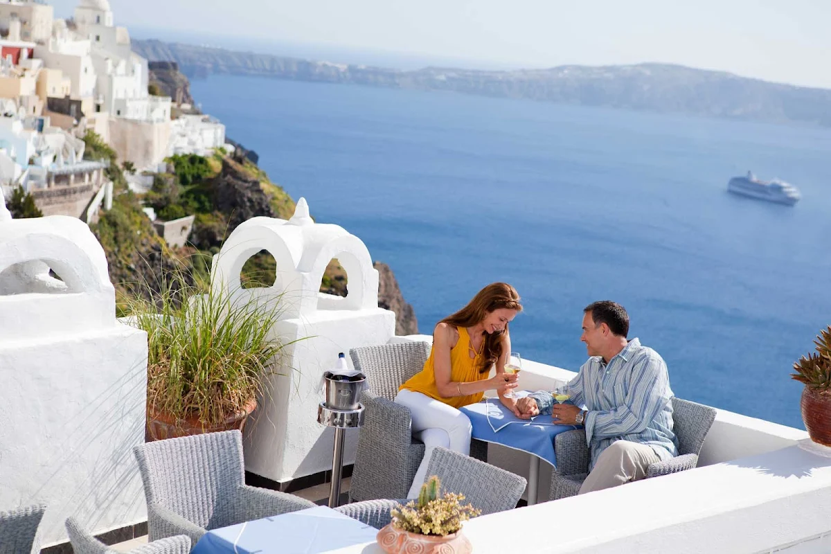 Regent-Seven-Seas-Francos-Fira-view - The view from Franco's, one of the scenic overlooks that's an easy walk from the pier during a shore excursion on your sailing on Seven Seas Voyager to Santorini, Greece.