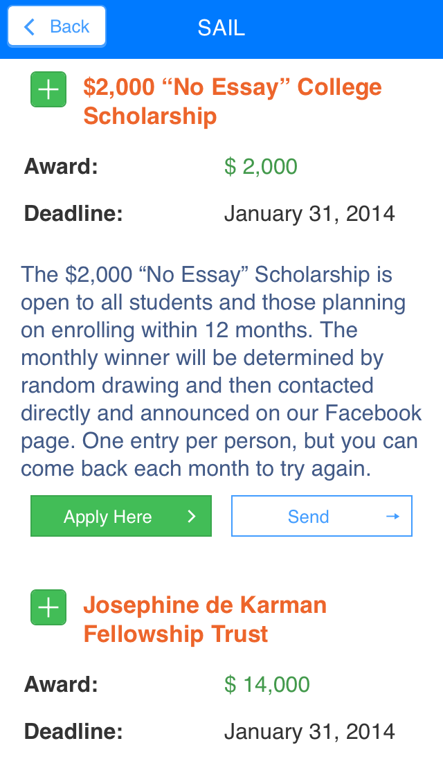 Sail - Scholarship Search Screen 1