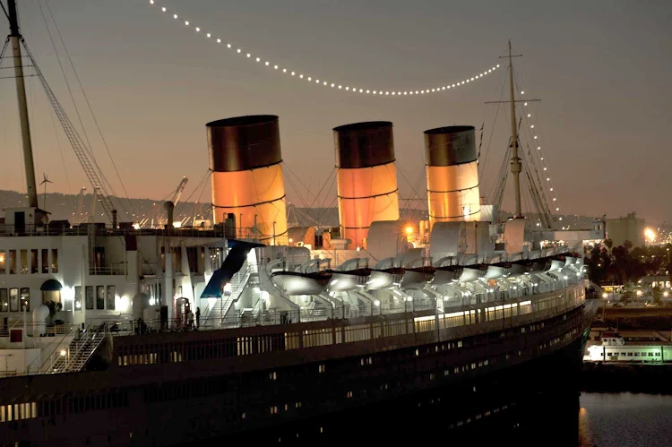 The ocean liner Queen Mary, which plied North Atlantic waters for Cunard Line from 1936 to 1967, is now a floating restaurant and museum in Long Beach, California. 